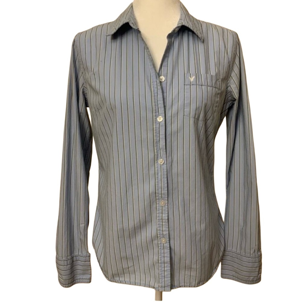 American Eagle Women’s Blue “Favorite” Button Down with Green and White Stripes!